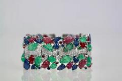 Tutti Frutti Carved Stones Diamond Bracelet 18 Karat Wide - 3449143
