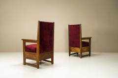 Two Amsterdam School High Back Chairs in Oak and Burgundy the Netherlands 1930s - 3092369