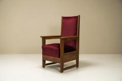 Two Amsterdam School High Back Chairs in Oak and Burgundy the Netherlands 1930s - 3092370