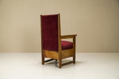 Two Amsterdam School High Back Chairs in Oak and Burgundy the Netherlands 1930s - 3092371