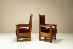 Two Amsterdam School High Back Chairs in Oak and Burgundy the Netherlands 1930s - 3092372