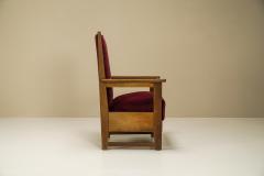 Two Amsterdam School High Back Chairs in Oak and Burgundy the Netherlands 1930s - 3092373