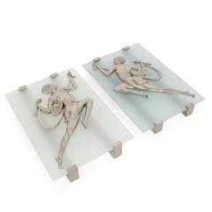Two Art Deco style frosted glass and silvered bronze wall sconces - 1274346