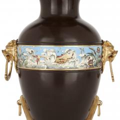 Two Chinese style enamelled gilt and patinated bronze urns - 1653174