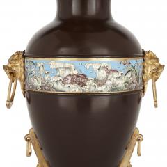 Two Chinese style enamelled gilt and patinated bronze urns - 1653176