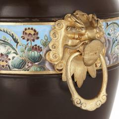Two Chinese style enamelled gilt and patinated bronze urns - 1653178