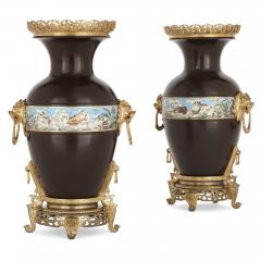 Two Chinese style enamelled gilt and patinated bronze urns - 1653187
