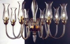 Two Italian Modern Neoclassical Amber Murano Glass Chandeliers with Glass Shades - 1844357