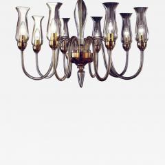 Two Italian Modern Neoclassical Amber Murano Glass Chandeliers with Glass Shades - 1845828