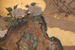 Two Panel Screen Beautifully Painted Sun Over Floral Lanscape with Gold Clouds - 3597834
