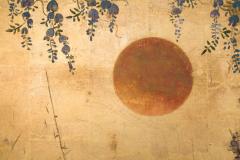 Two Panel Screen Beautifully Painted Sun Over Floral Lanscape with Gold Clouds - 3597837