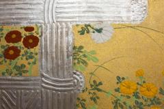 Two Panel Screen Rimpa Style Painting of Chrysanthemums on a Twig Fence - 1269118