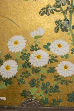 Two Panel Screen Rimpa Style Painting of Chrysanthemums on a Twig Fence - 1269120