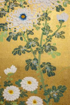 Two Panel Screen Rimpa Style Painting of Chrysanthemums on a Twig Fence - 1269121