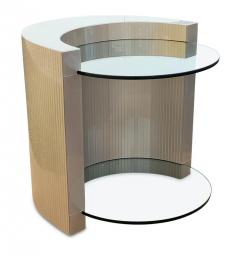 Two Teired Crescent Moon Shaped Wood Lucite and Glass Side Table Circular Glass - 3009872