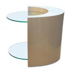 Two Teired Crescent Moon Shaped Wood Lucite and Glass Side Table Circular Glass - 3009879