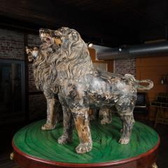 Two large life sized polychromed lion head wooden statues  - 2253346