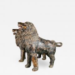 Two large life sized polychromed lion head wooden statues  - 2254067