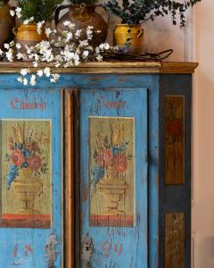 Tyrolean Early 19th Century Blue Painted Wardrobe with Hand Painted Floral Panel - 4812545