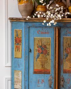 Tyrolean Early 19th Century Blue Painted Wardrobe with Hand Painted Floral Panel - 4812548