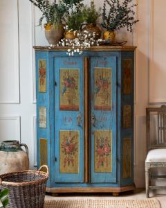 Tyrolean Early 19th Century Blue Painted Wardrobe with Hand Painted Floral Panel - 4812550