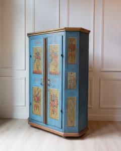 Tyrolean Early 19th Century Blue Painted Wardrobe with Hand Painted Floral Panel - 4812553