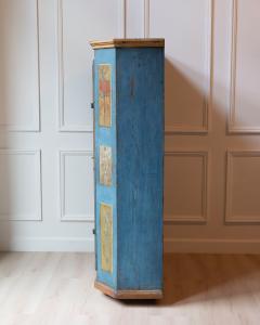 Tyrolean Early 19th Century Blue Painted Wardrobe with Hand Painted Floral Panel - 4812554