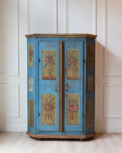 Tyrolean Early 19th Century Blue Painted Wardrobe with Hand Painted Floral Panel - 4812556