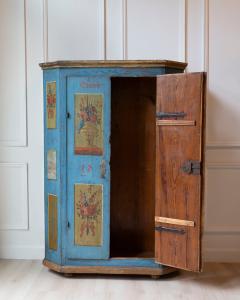 Tyrolean Early 19th Century Blue Painted Wardrobe with Hand Painted Floral Panel - 4812557