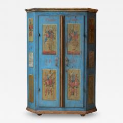 Tyrolean Early 19th Century Blue Painted Wardrobe with Hand Painted Floral Panel - 4813099