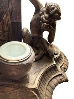 UNIQUE FRENCH 19TH CENTURY SILVERED BRONZE MONKEY CAT WITH FIREPLACE INKWELL - 4442622