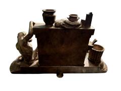 UNIQUE FRENCH 19TH CENTURY SILVERED BRONZE MONKEY CAT WITH FIREPLACE INKWELL - 4442624