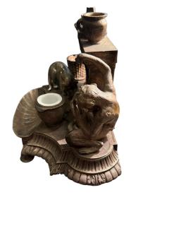 UNIQUE FRENCH 19TH CENTURY SILVERED BRONZE MONKEY CAT WITH FIREPLACE INKWELL - 4442627