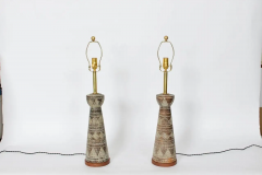Ugo Zaccagnini Pair of Ugo Zaccagnini Incised Brown Cream Tribal Table Lamps 1950s - 3059497