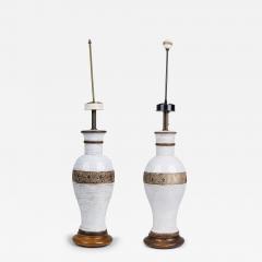 Ugo Zaccagnini Ugo Zaccagnini Italian Ceramic White Glazed Urn Table Lamp on Dark Wood Base - 4167799