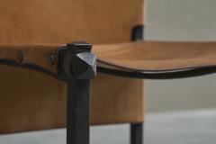 Unique Brutalist High Back Accent Chair in Wrought Iron Patinated Leather - 4467855