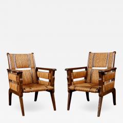 Unique Pair of French 1950s Oak Armchairs with Woven Seat and Back - 1711330