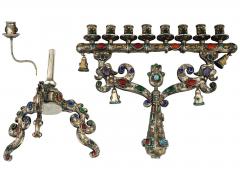 Unusual And Large Judaica Silver Plate Menorah With Gemstones - 4211917