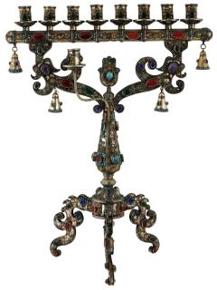 Unusual And Large Judaica Silver Plate Menorah With Gemstones - 4211919