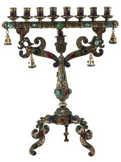 Unusual And Large Judaica Silver Plate Menorah With Gemstones - 4211920
