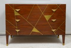 Unusual Brass inlaid Mahogany Chest with Geometric Pattern and Bronze Pulls - 3975069