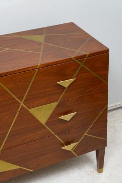 Unusual Brass inlaid Mahogany Chest with Geometric Pattern and Bronze Pulls - 3975072