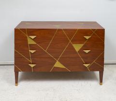 Unusual Brass inlaid Mahogany Chest with Geometric Pattern and Bronze Pulls - 3975073