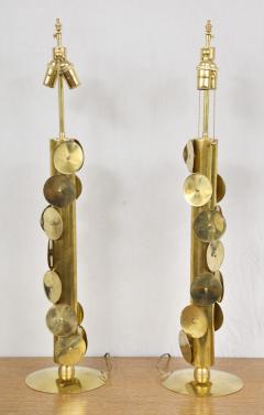 Unusual Pair of Brass Lamps with Applied Circular Brass Discs - 1156012