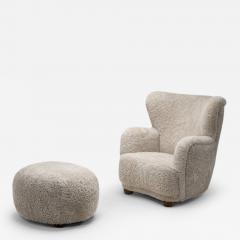 Upholstered Danish Modern Armchair with Footstool Denmark ca 1950s - 4514497