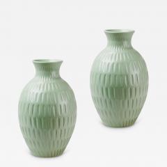 Upsala Ekeby Pair of Monumental Gouged Vases in Celadon Glaze by Anna Lisa Thomson - 3446145