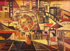 Urban Mid century Modernism Abstract Cubist Cityscape Painting Oil on Canvas - 4508218