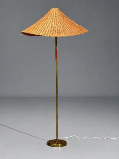 V Soini Oy Rare Floor Lamp Brass Leather Rattan Finland 1950s - 4750473