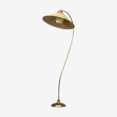 V Soini Oy Rare Floor Lamp Brass Leather Rattan Finland 1950s - 4753265