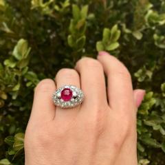 VINTAGE DIAMOND CLUSTER AND RUBY DOME PLATINUM RING - 2783411